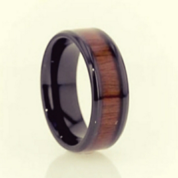 New Mens Black Titanium Black Walnut Wood Inlaid Band Ring. - Picture 6 of 7